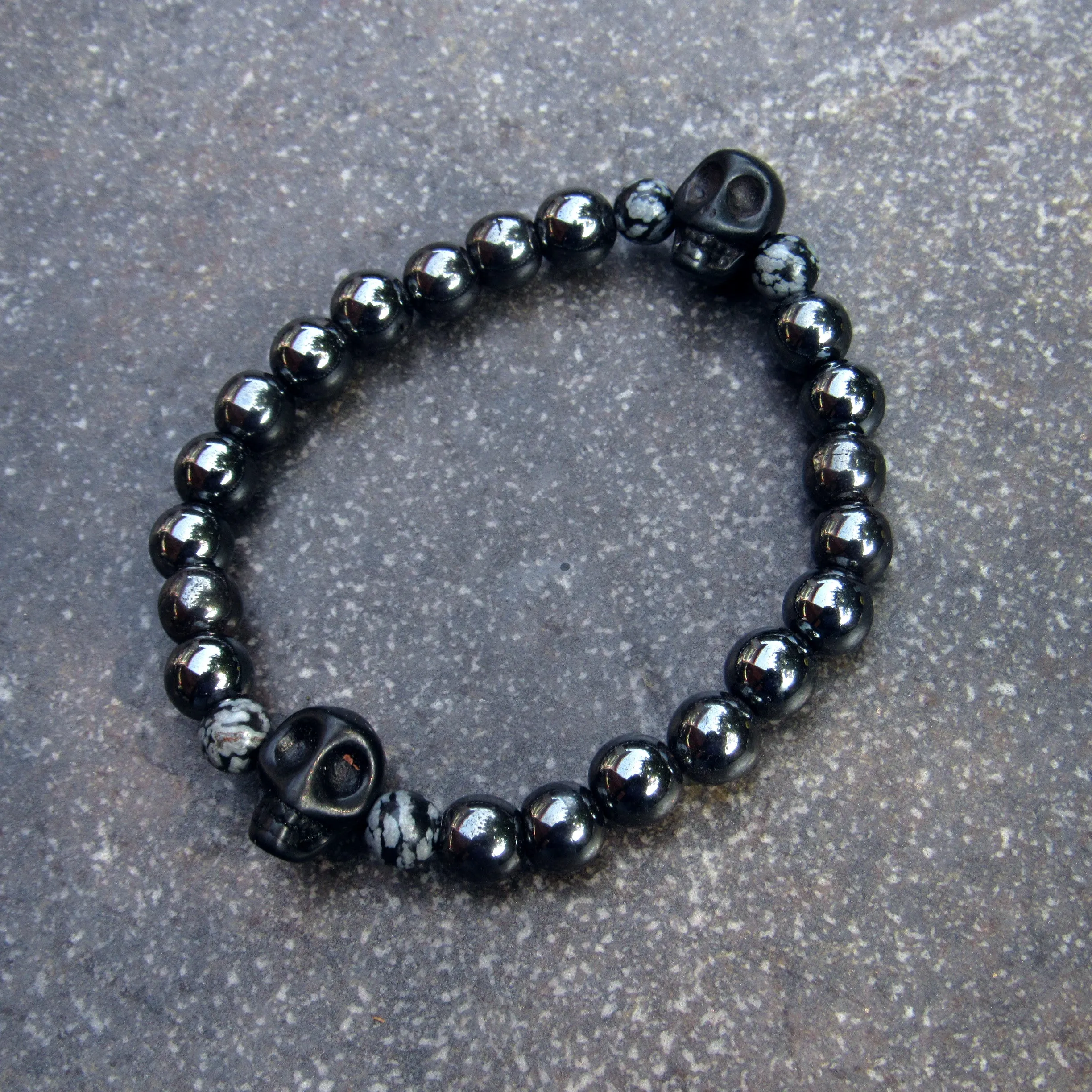 Hematite Gemstone and Skulls bracelet