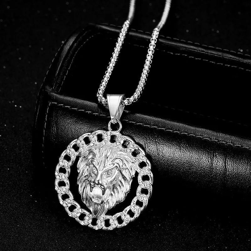 Hip Hop Titanium Steel Gilded Zircon Lion Head Pendant