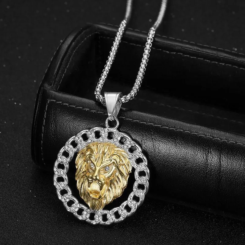 Hip Hop Titanium Steel Gilded Zircon Lion Head Pendant