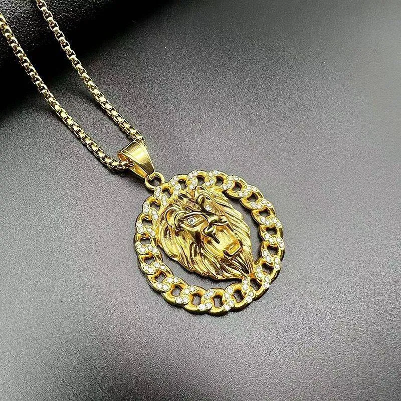 Hip Hop Titanium Steel Gilded Zircon Lion Head Pendant