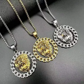 Hip Hop Titanium Steel Gilded Zircon Lion Head Pendant