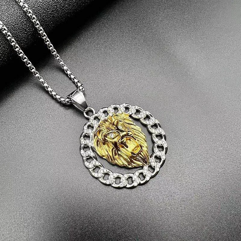 Hip Hop Titanium Steel Gilded Zircon Lion Head Pendant