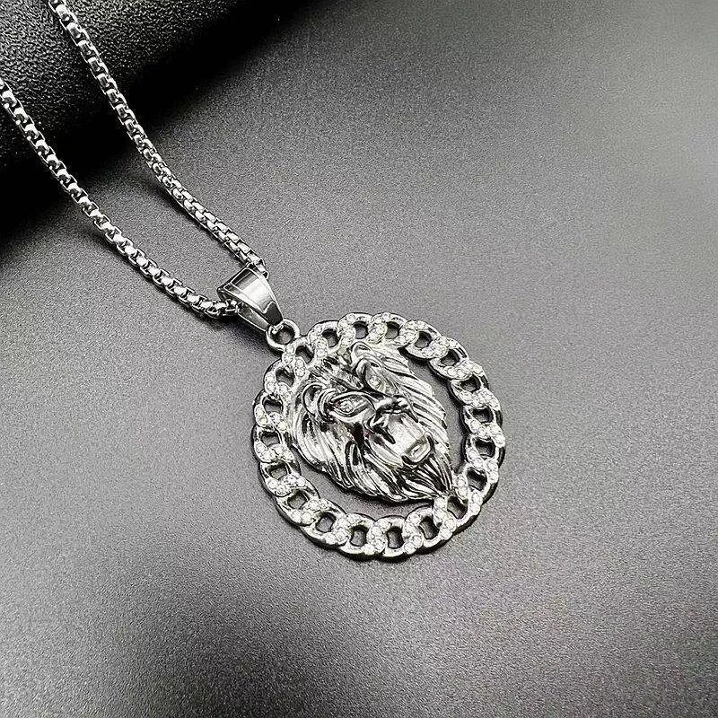 Hip Hop Titanium Steel Gilded Zircon Lion Head Pendant