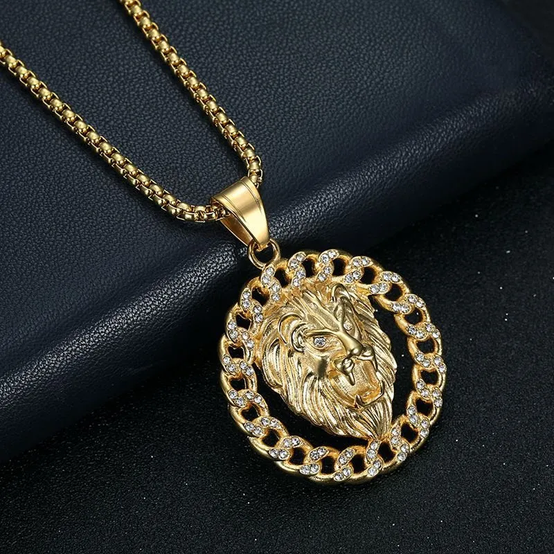 Hip Hop Titanium Steel Gilded Zircon Lion Head Pendant