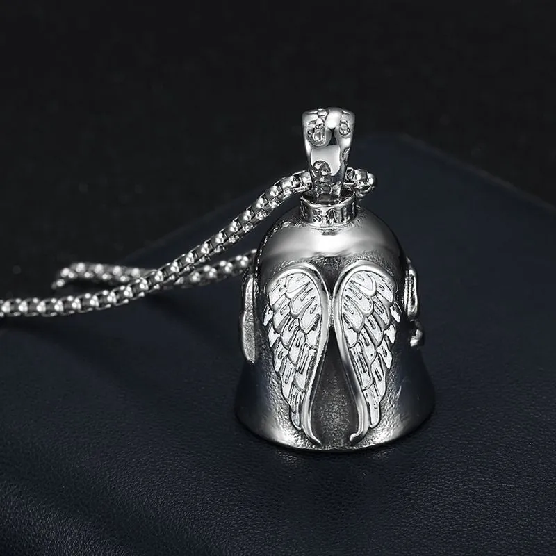 Retro Polished Titanium Steel Hip Hop Pendant with Lucky Exorcism Bell and Elegant Angel White Wings