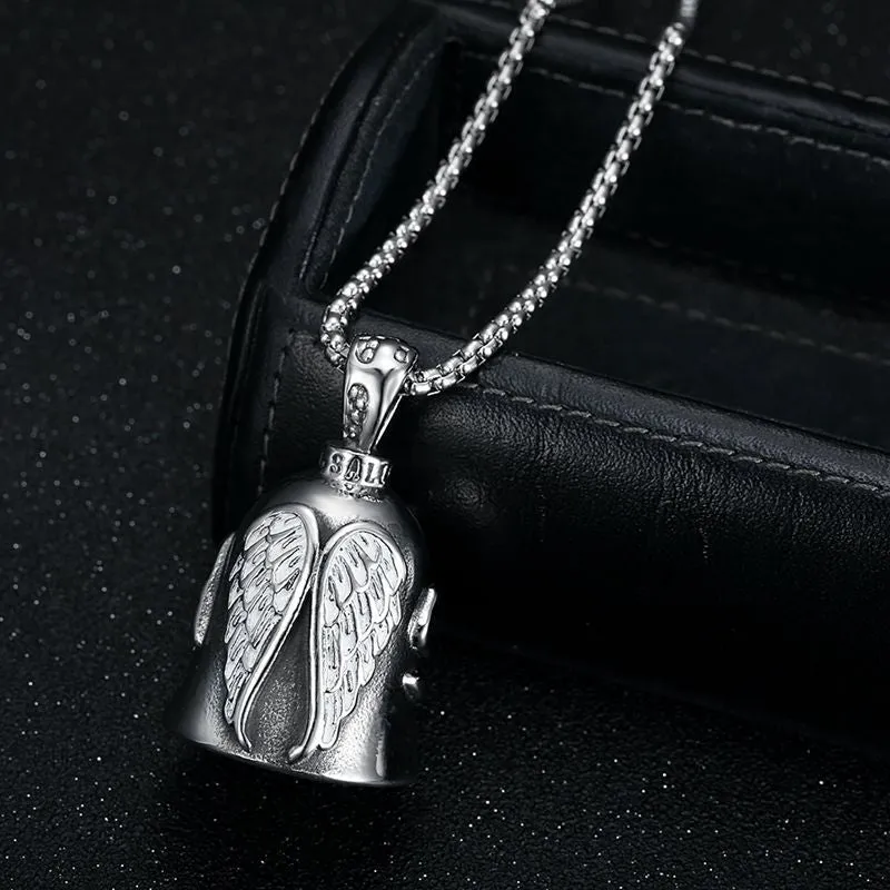 Retro Polished Titanium Steel Hip Hop Pendant with Lucky Exorcism Bell and Elegant Angel White Wings