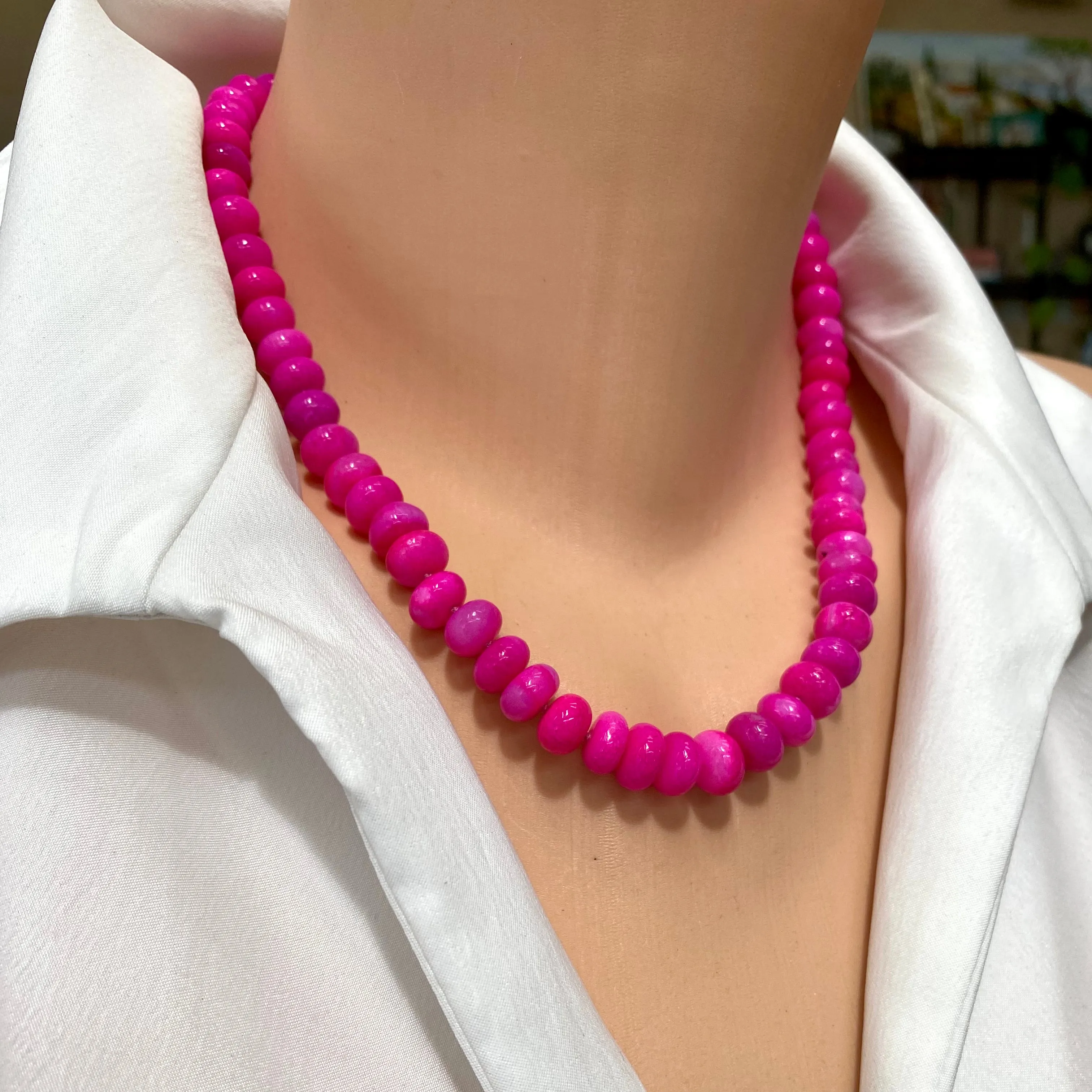 Hot Pink Opal Candy Necklace, 18.5in, Gold Vermeil Plated Sterling Silver Marine Closure