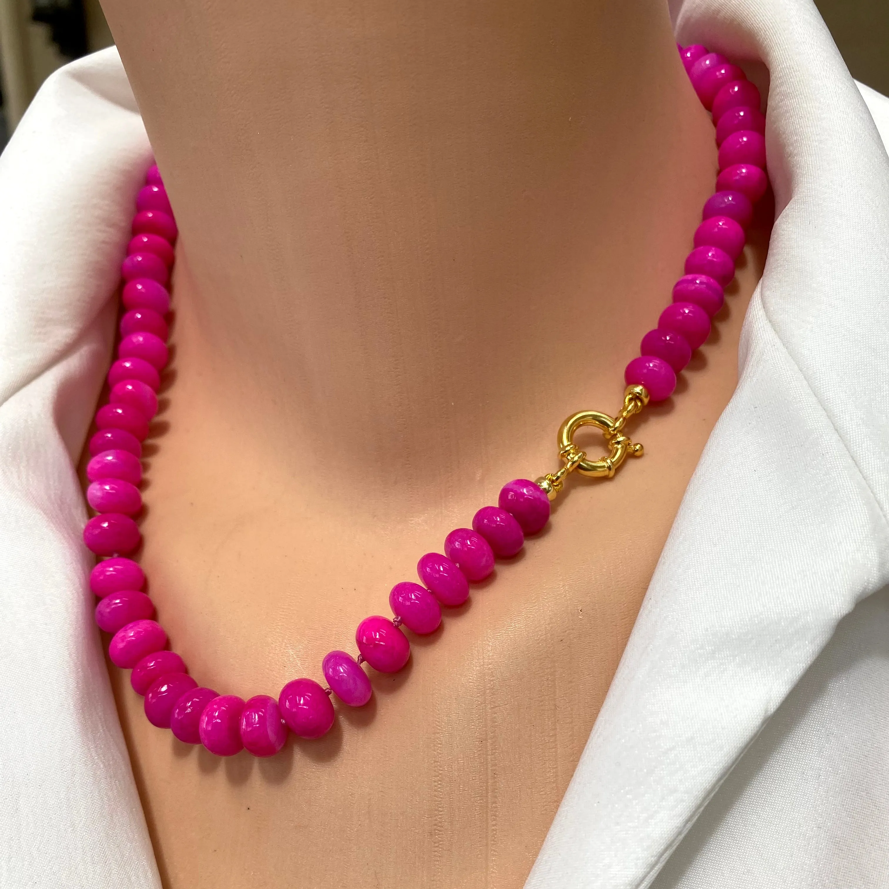 Hot Pink Opal Candy Necklace, 18.5in, Gold Vermeil Plated Sterling Silver Marine Closure