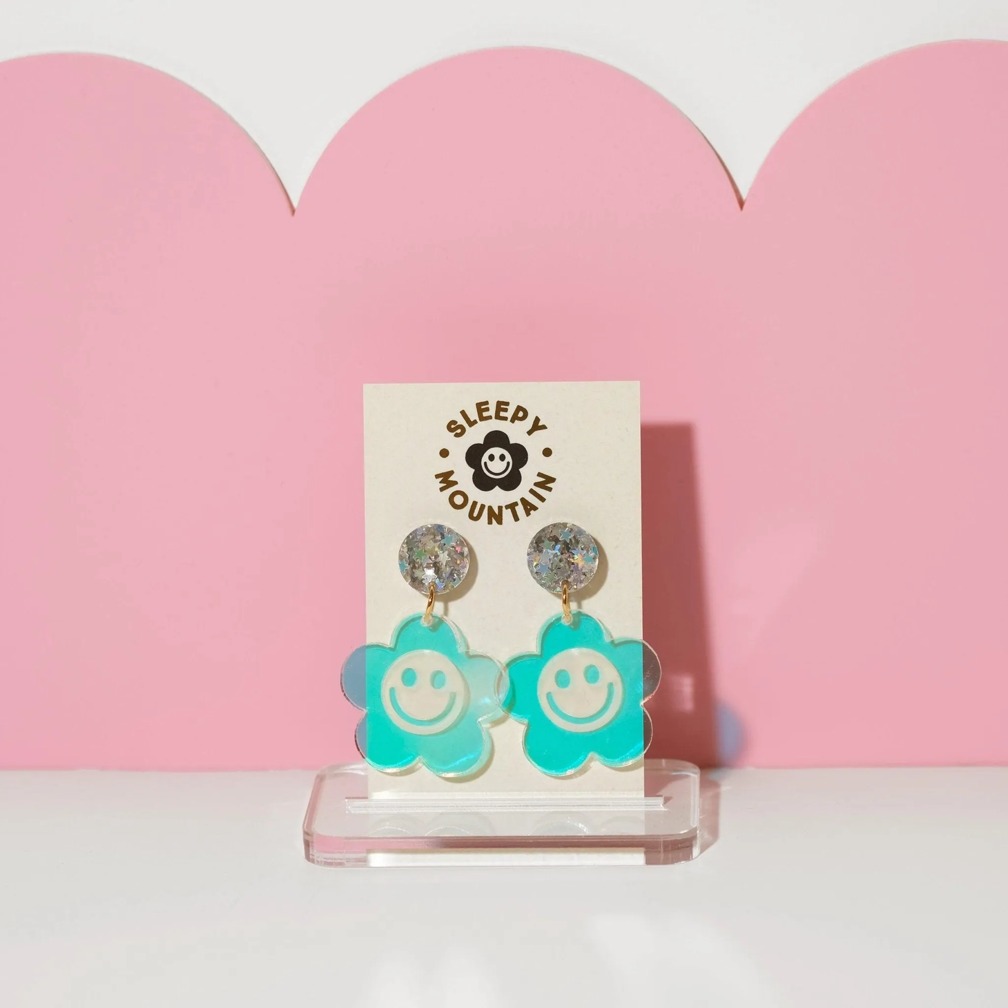 Iridescent Smiley Daisy Dangle Earrings