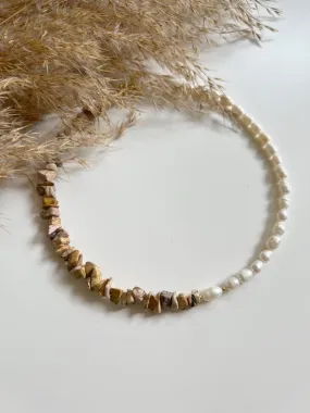 Jasper and Natural Freshwater Pearl Necklace, Sterling Silver 925 with Gilding Choker, Аsymmetrically Necklace