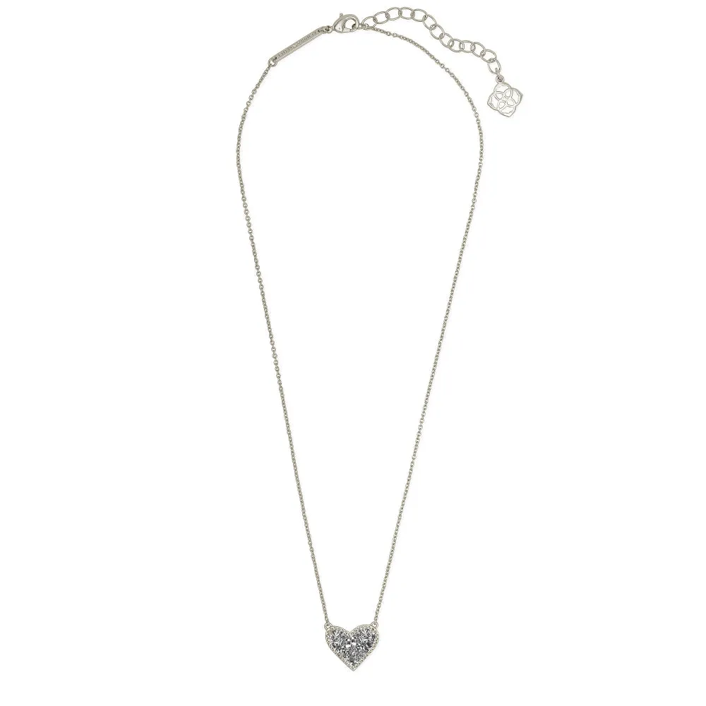 Kendra Scott Ari Heart Rhodium Short Pendant Necklace in Platinum Drusy