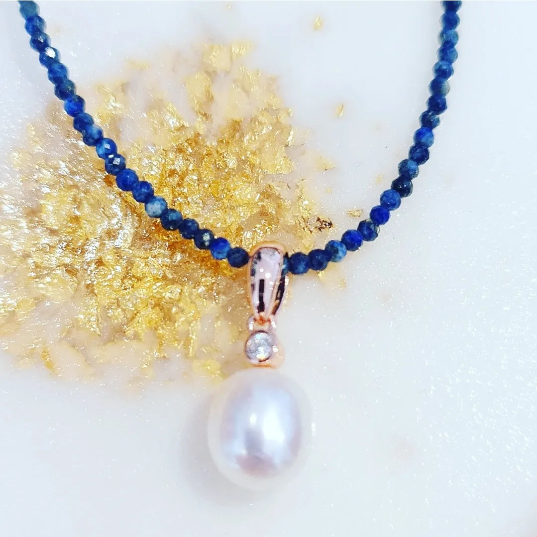 Lapis Lazuli Freshwater Pearl drop necklace Rosegold