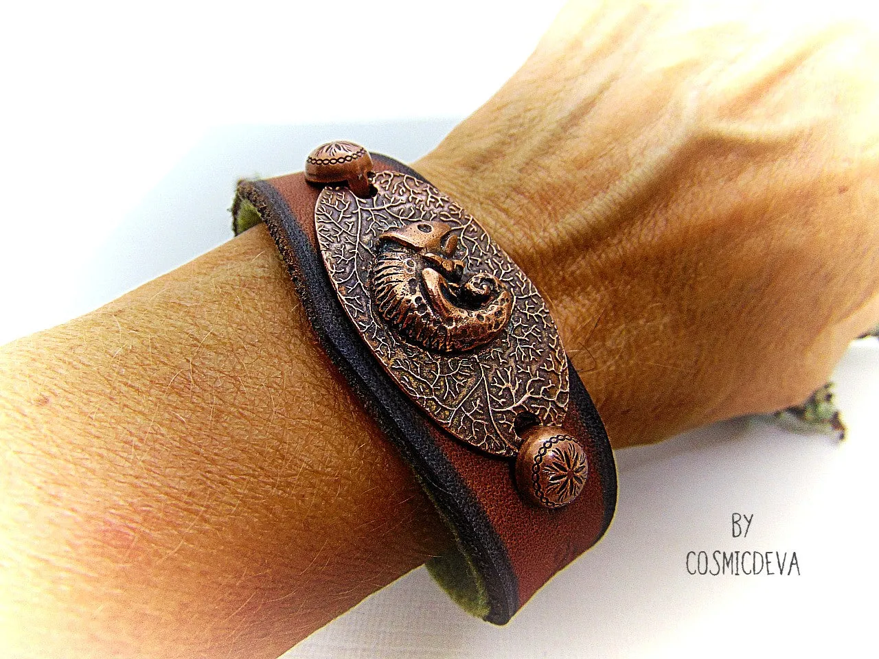 Leather Copper Cuff Bracelet with Chameleon, Size 7.5” Inches, Chameleon Leather Copper Cuff Bracelet