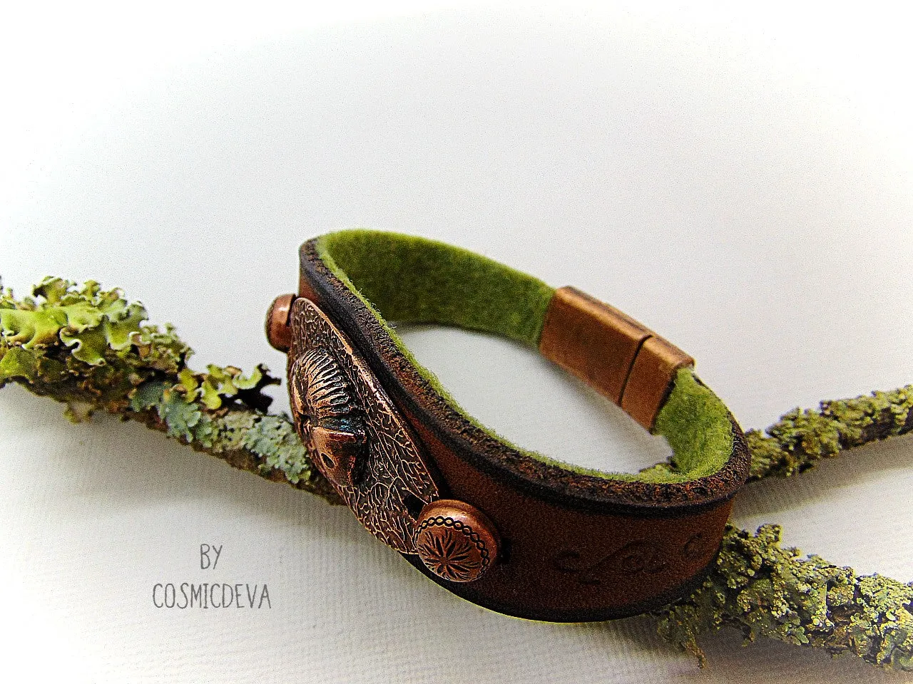 Leather Copper Cuff Bracelet with Chameleon, Size 7.5” Inches, Chameleon Leather Copper Cuff Bracelet