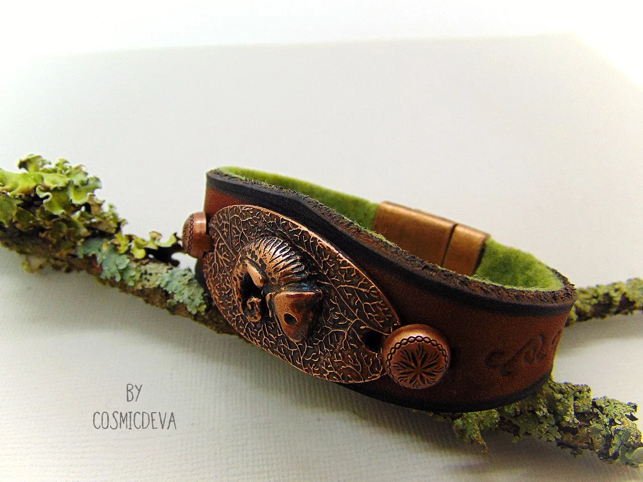 Leather Copper Cuff Bracelet with Chameleon, Size 7.5” Inches, Chameleon Leather Copper Cuff Bracelet