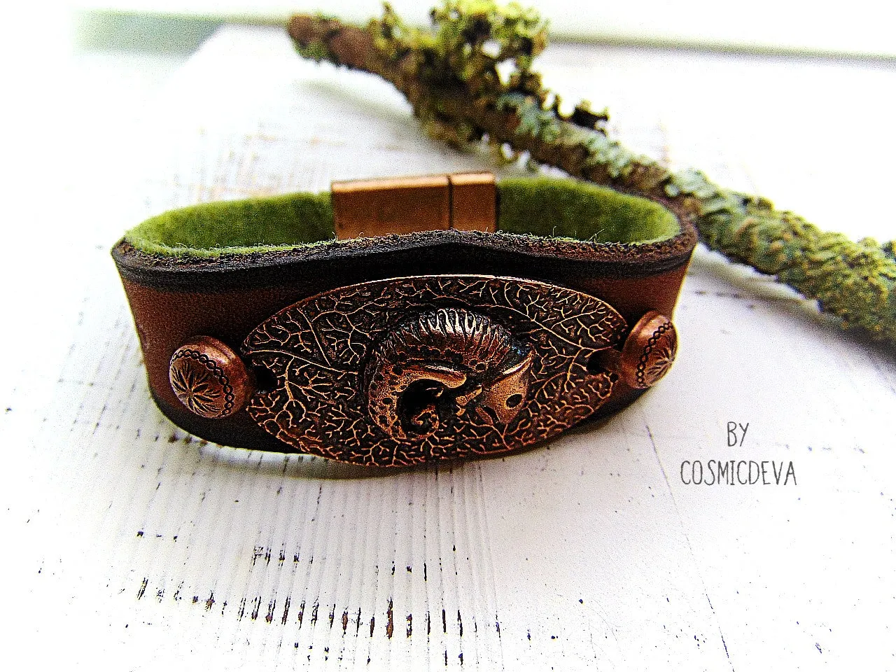 Leather Copper Cuff Bracelet with Chameleon, Size 7.5” Inches, Chameleon Leather Copper Cuff Bracelet