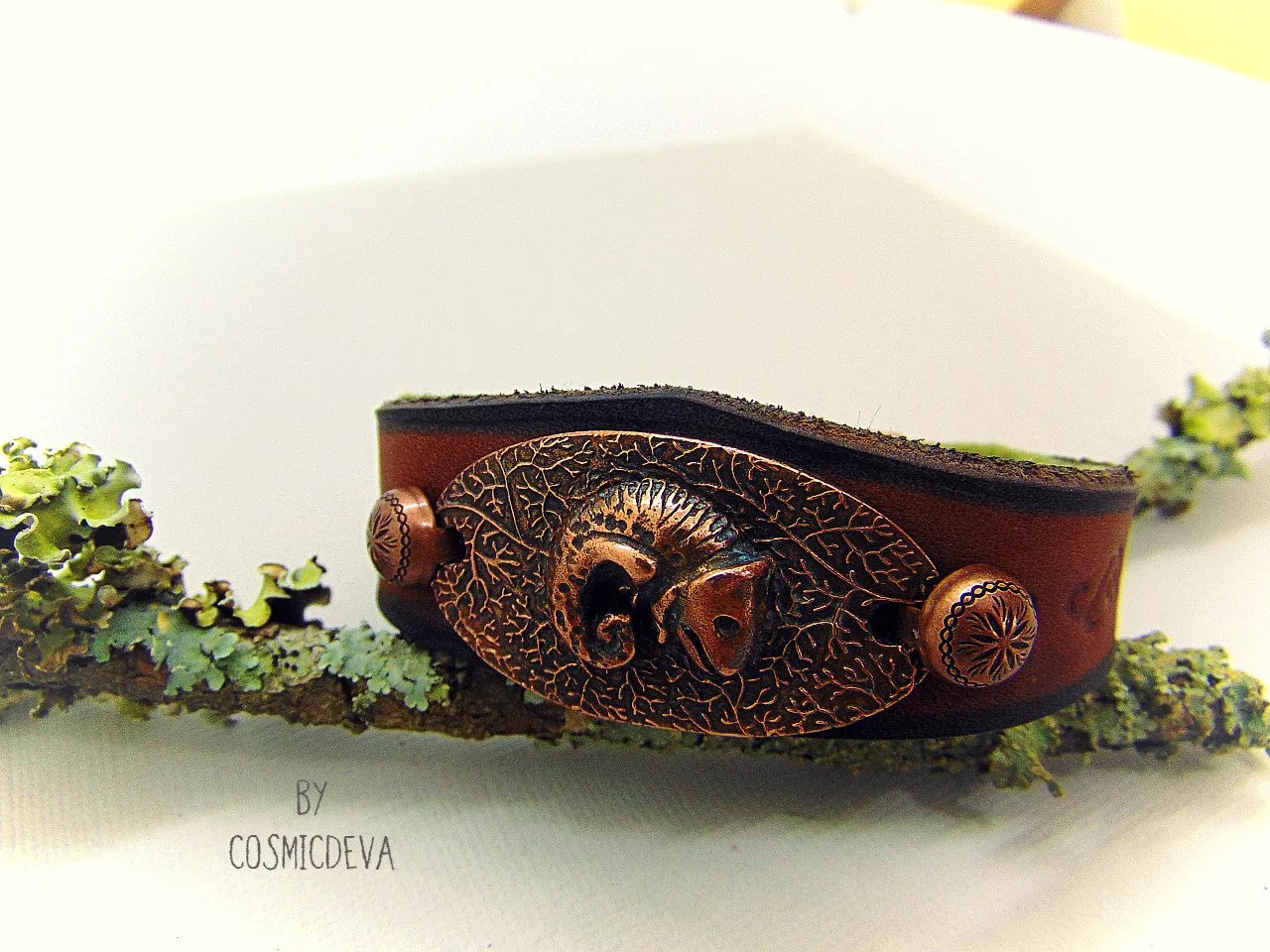 Leather Copper Cuff Bracelet with Chameleon, Size 7.5” Inches, Chameleon Leather Copper Cuff Bracelet