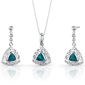 London Blue Topaz Filigree Trillion Shape Earrings Pendant Necklace Sterling Silver Jewelry Set