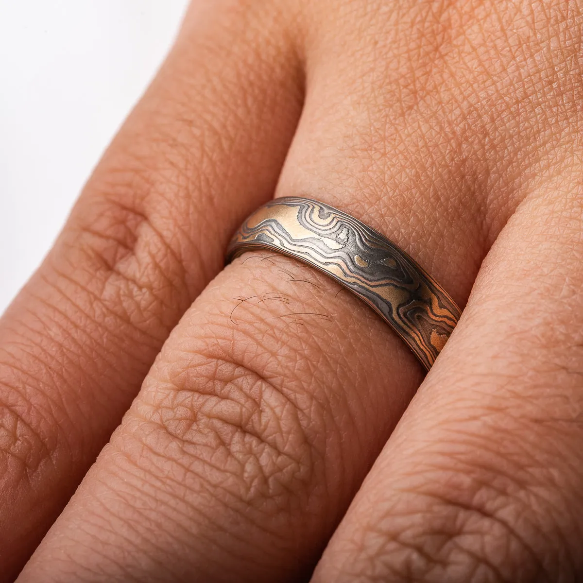 Matching Woodgrain Pattern Wedding Bands in Firestorm Palette