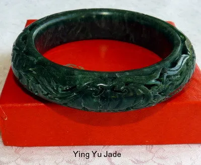 Mei Beautiful Flowers Dynasty Carved Deep Green Jade Bangle 58.5mm (DC125)