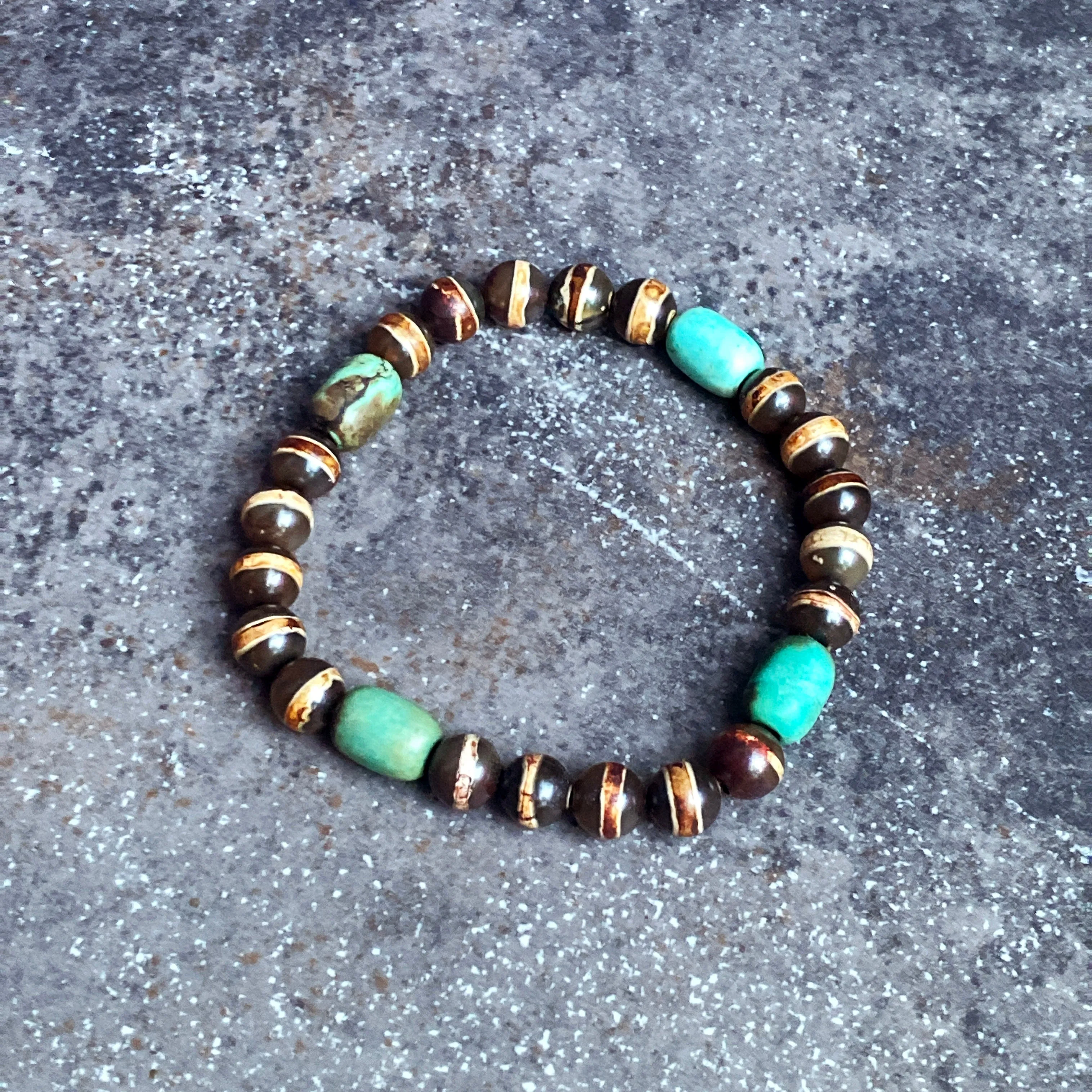 Men's Tibetan Agate & Turquoise Gemstone Stretch Bracelet