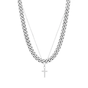 Mini Cross & 8MM Cuban Set - (Silver)