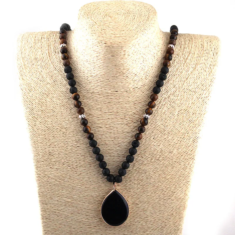 Natural Black Lava Rock Tiger-Eye Stone Long Necklace