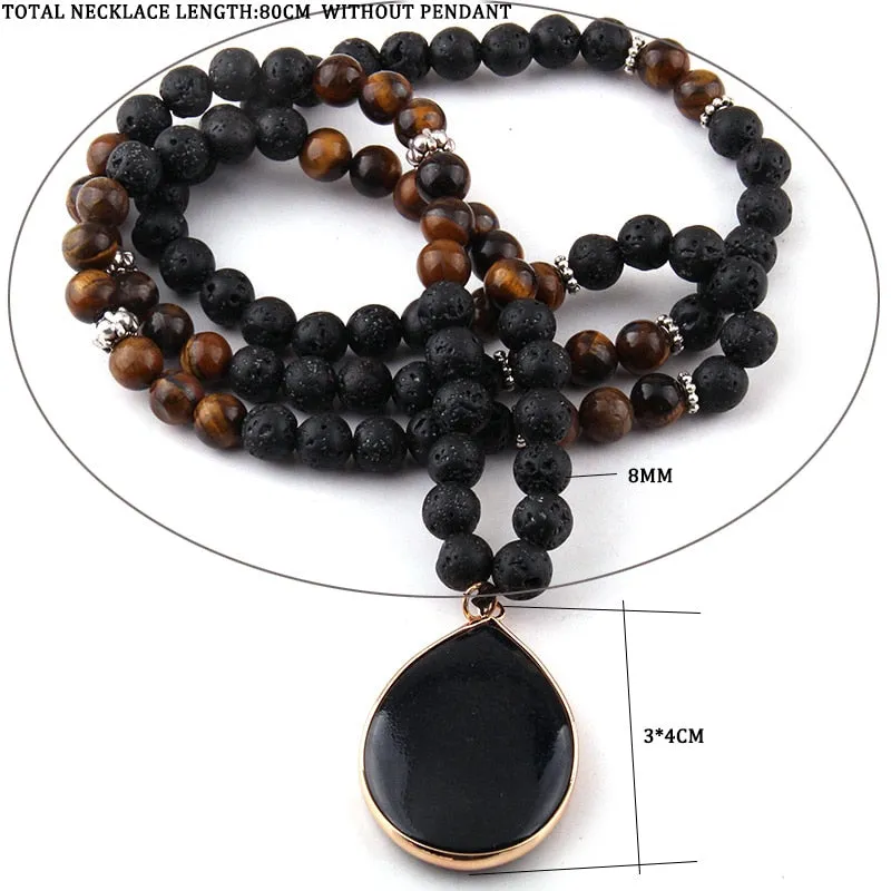 Natural Black Lava Rock Tiger-Eye Stone Long Necklace