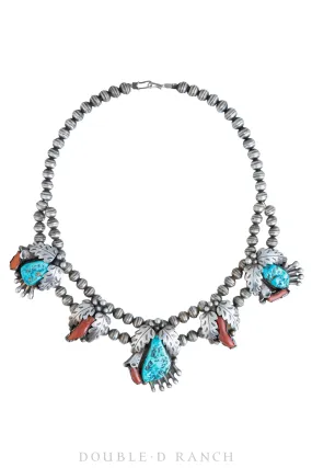 Vintage 1608 Opera Necklace with Turquoise & Coral Appliqué – Hallmarked Design