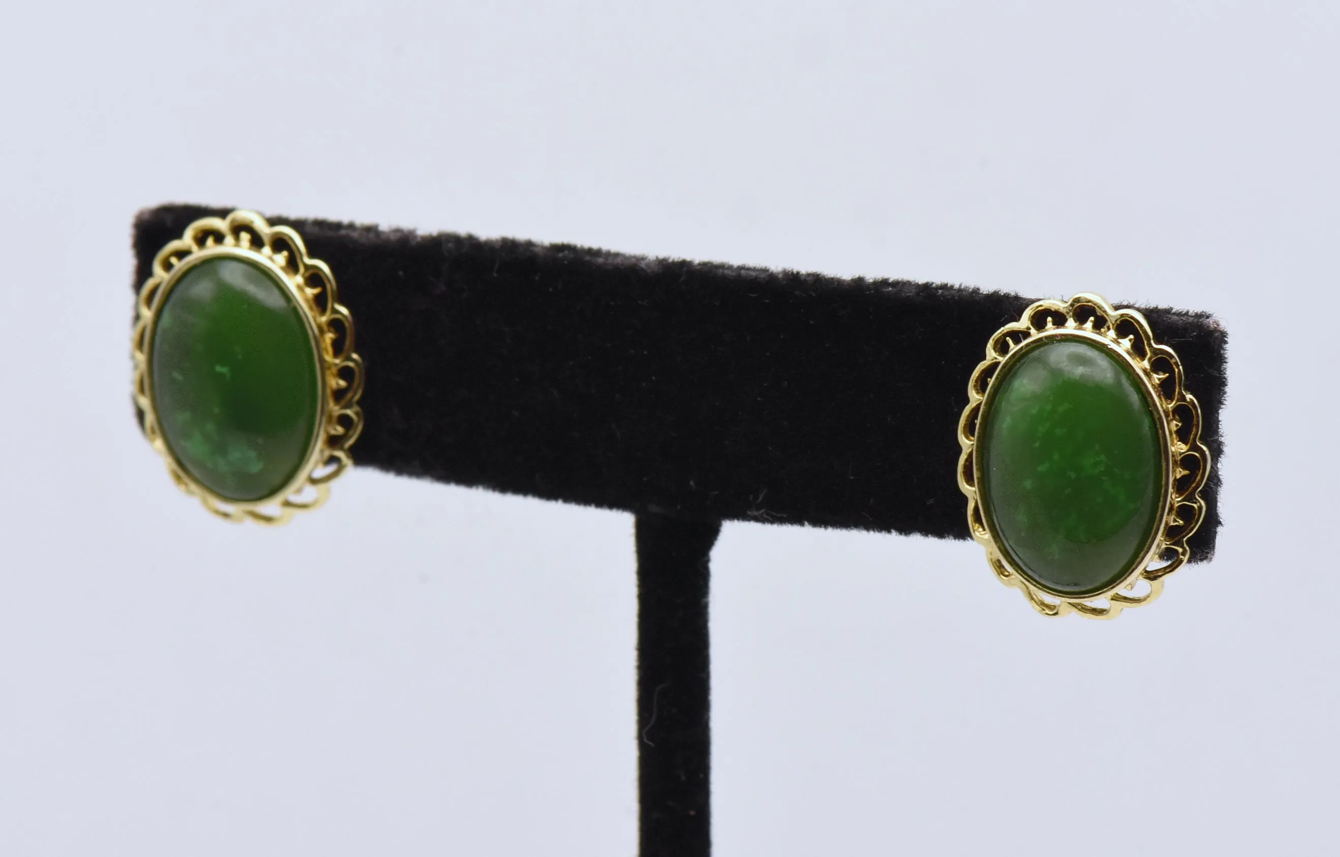 Oval Jade Gold Tone Stud Earrings