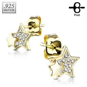 Pair of .925 Sterling Silver CZ Paved Double Star WildKlass Stud Earrings