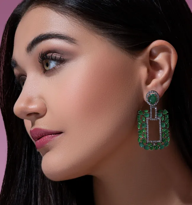 Paulina Statement Earrings- Emerald - Jaipur Rose Gold Plated Luxury Designer Indian Jewelry