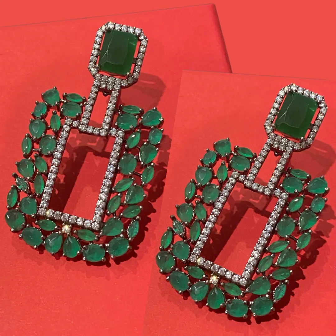 Paulina Statement Earrings- Emerald - Jaipur Rose Gold Plated Luxury Designer Indian Jewelry