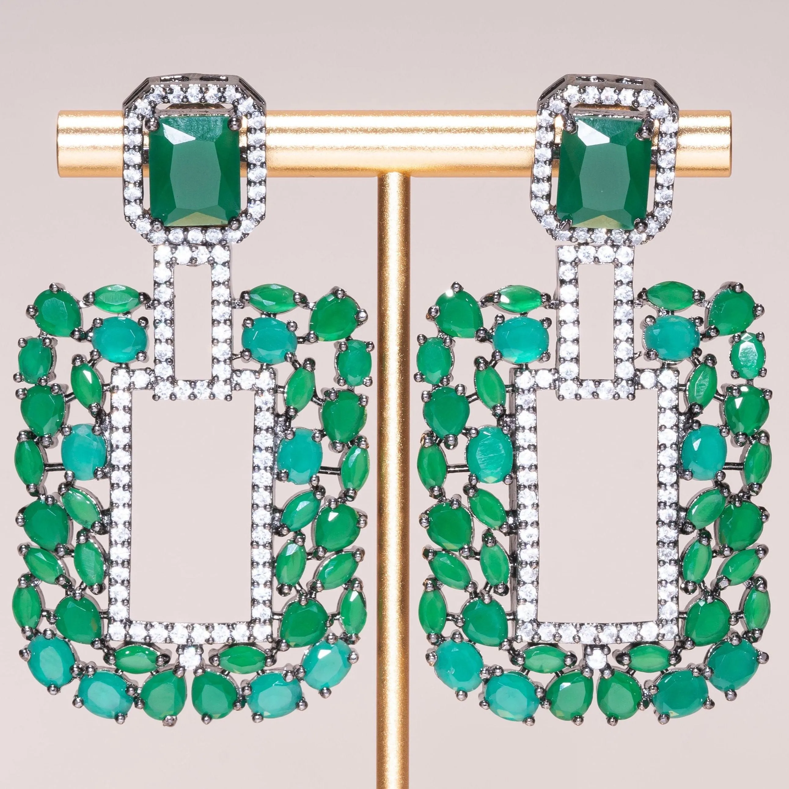 Paulina Statement Earrings- Emerald - Jaipur Rose Gold Plated Luxury Designer Indian Jewelry