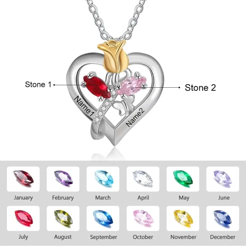 Personalized 2 Names 2 Birthstones Rose Flower Pendant