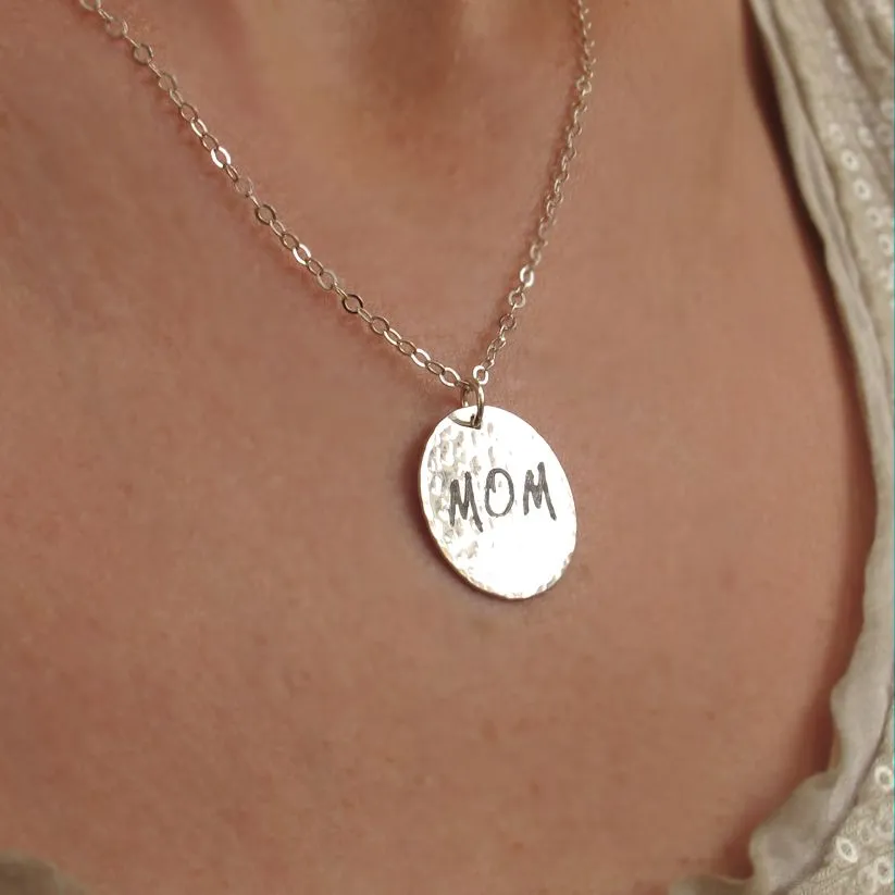 Personalized mom necklace - Sterling Silver Hammered Pendant