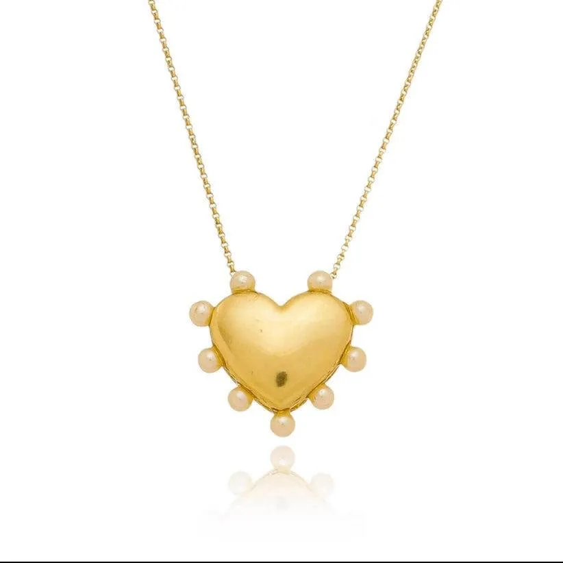 Puffy Heart Surrounded by Pearls Necklace