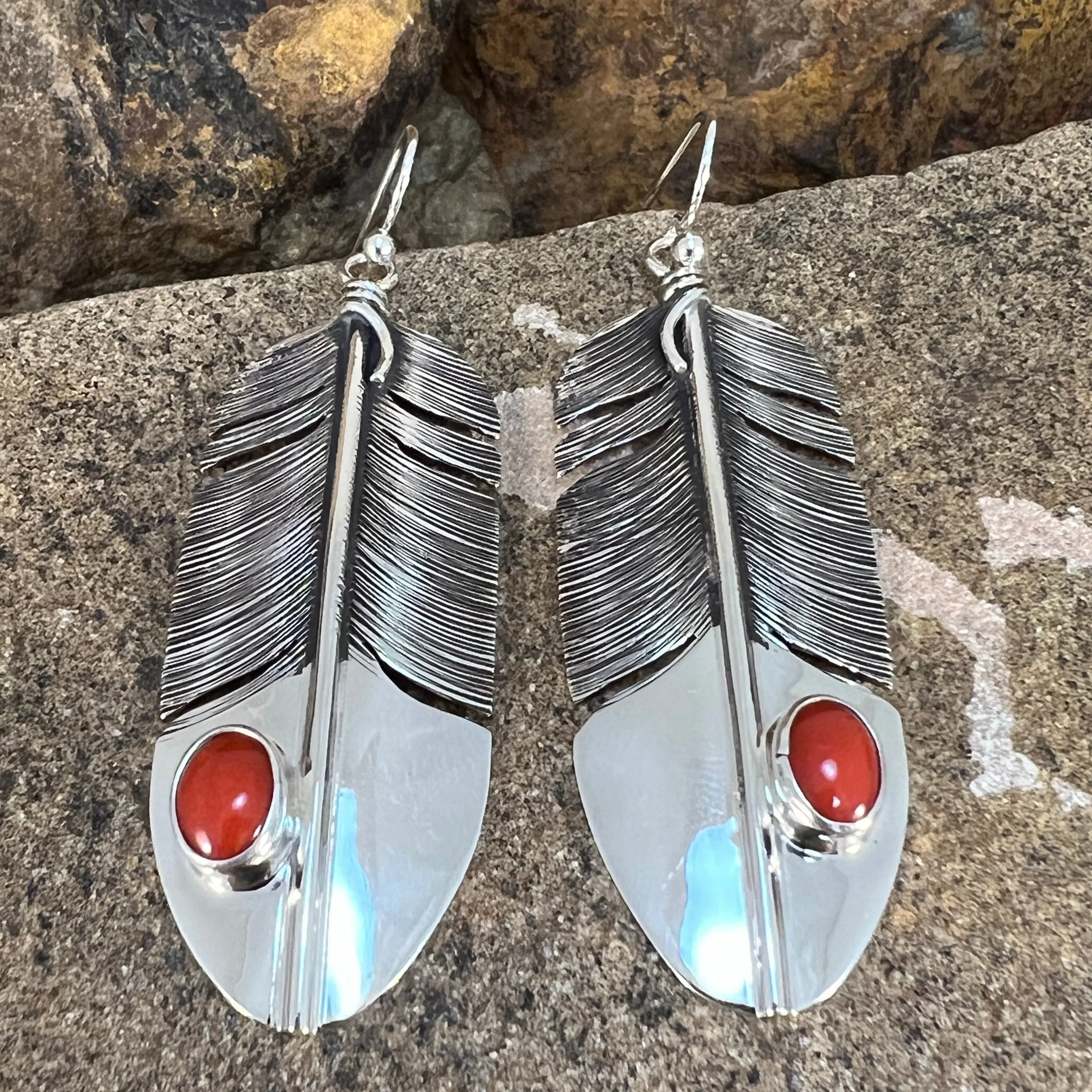 Red Coral Sterling Sliver Feather Earrings by Lena Platero