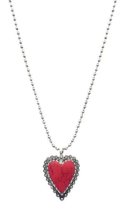 Red Stone Heart Pendant Ball Chain Necklace