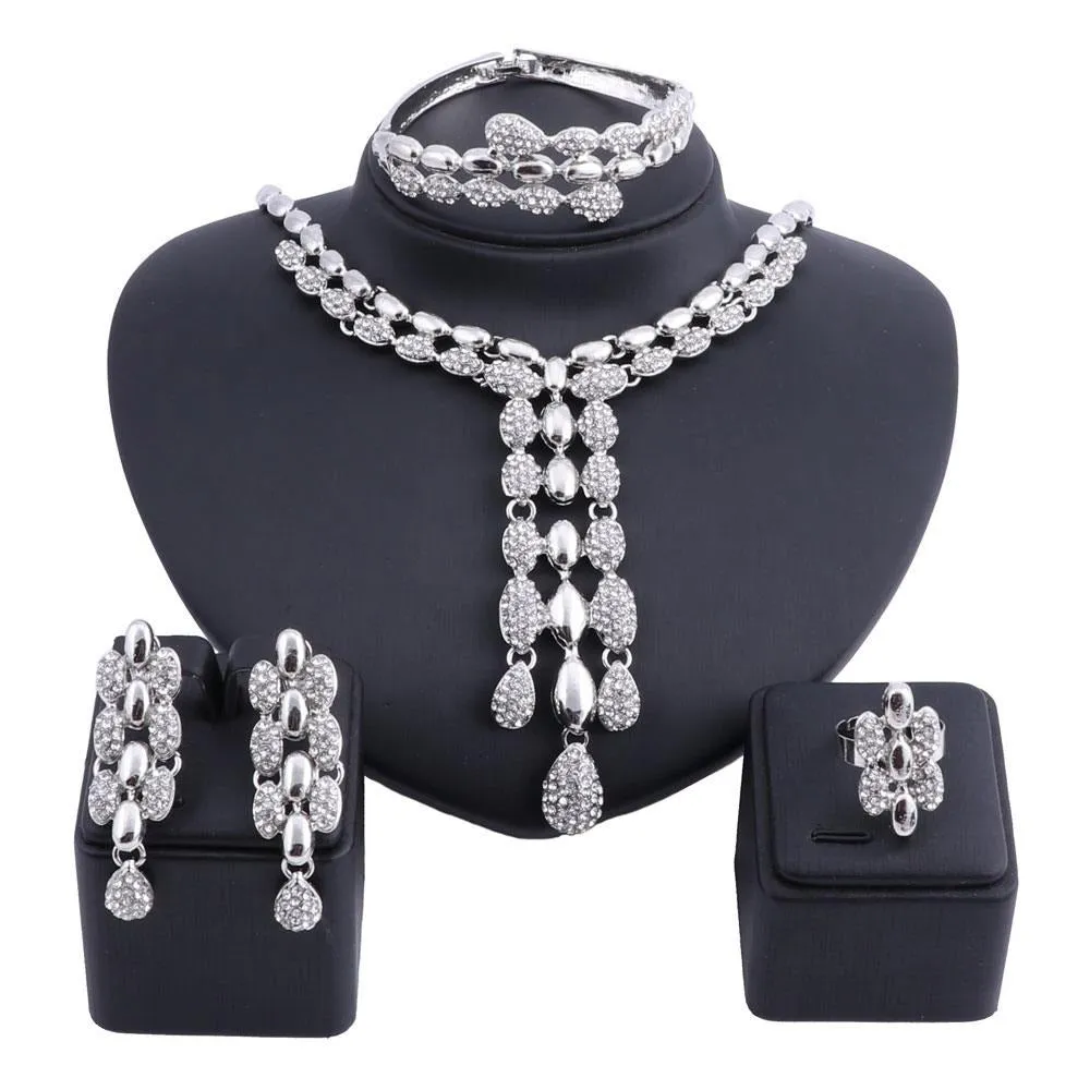 Rhinestone Pod Necklace, Bracelet, Earrings & Ring Wedding Statement Jewelry Set