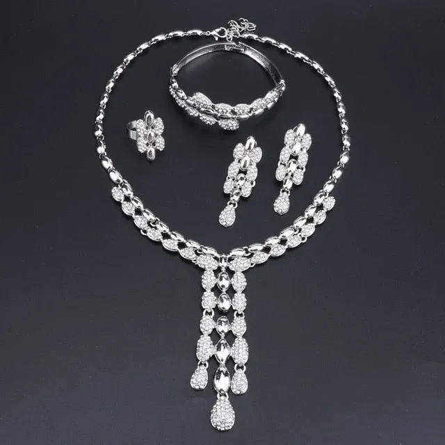 Rhinestone Pod Necklace, Bracelet, Earrings & Ring Wedding Statement Jewelry Set