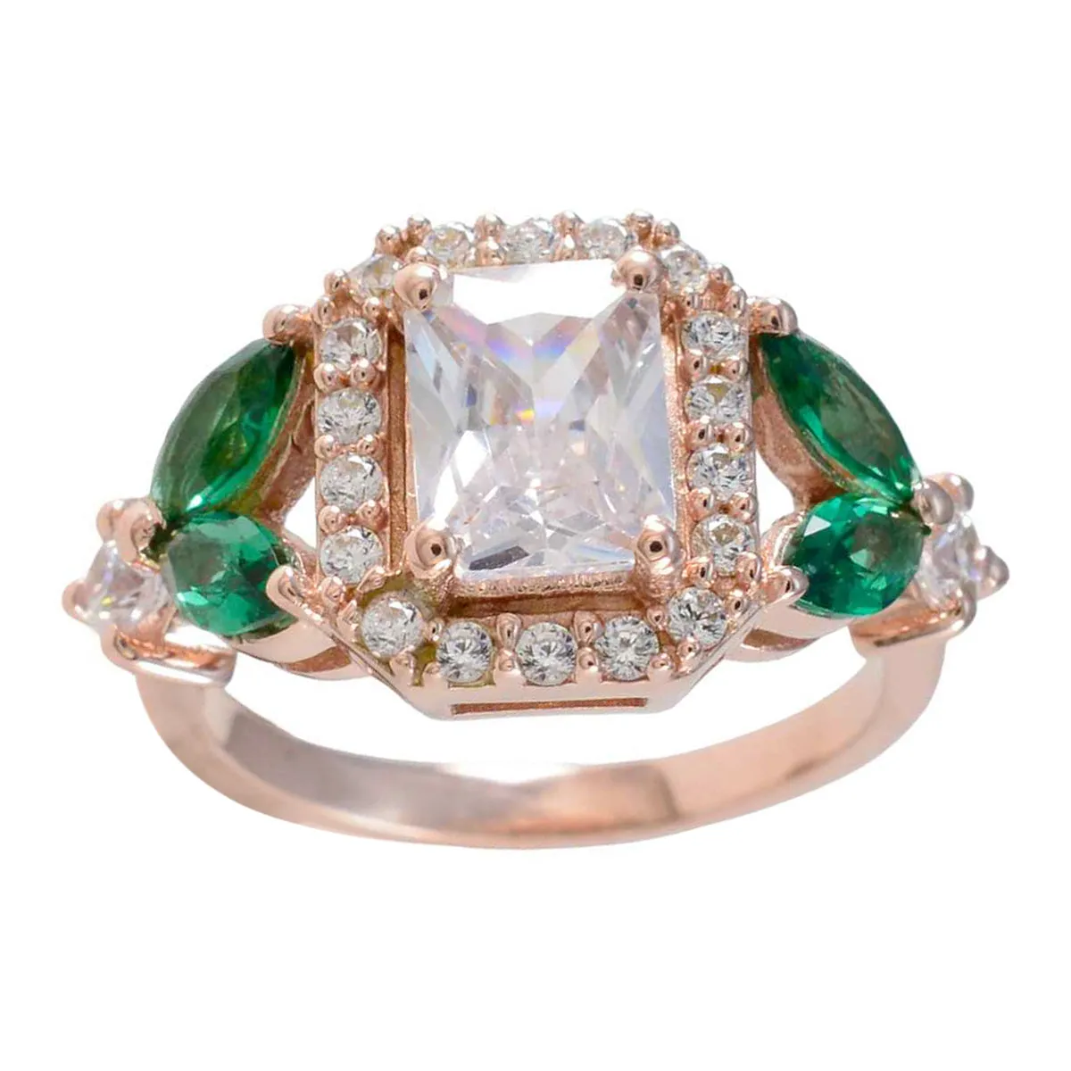 Riyo Excellent Silver Ring With Rose Gold Plating Emerald CZ Stone Octagon Shape Prong Setting Custom Jewelry Anniversary Ring