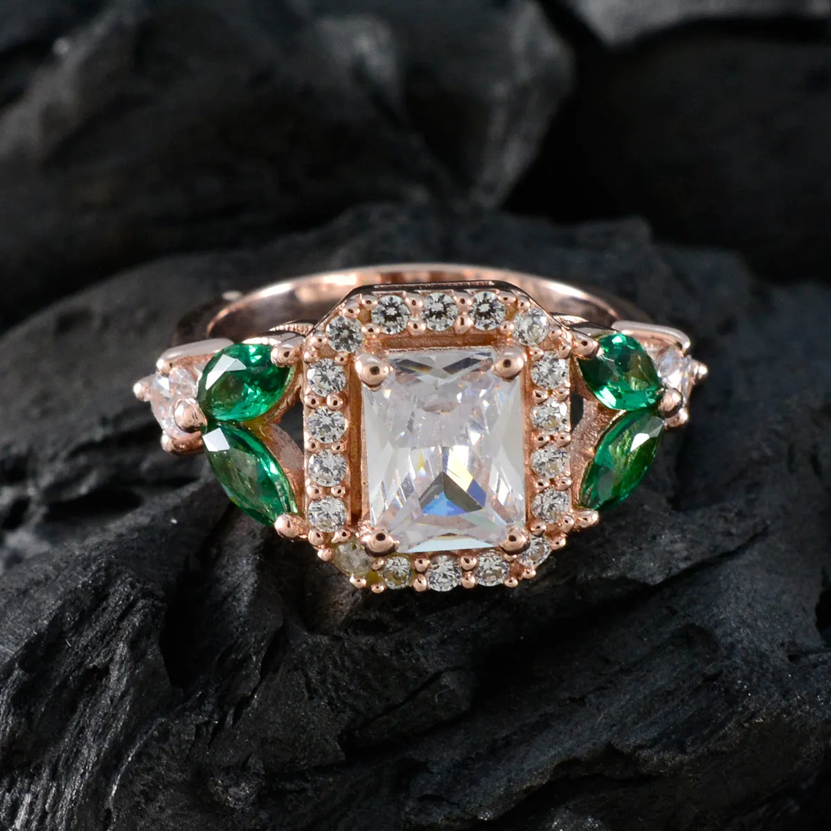 Riyo Excellent Silver Ring With Rose Gold Plating Emerald CZ Stone Octagon Shape Prong Setting Custom Jewelry Anniversary Ring