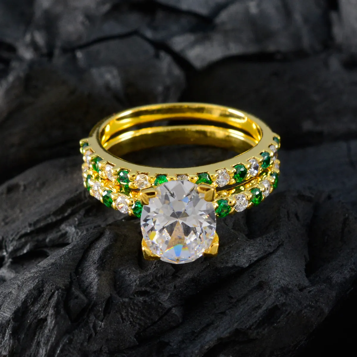 Riyo Excellent Silver Ring With Yellow Gold Plating Emerald CZ Stone Oval Shape Prong Setting Designer Jewelry Valentines Day Ring