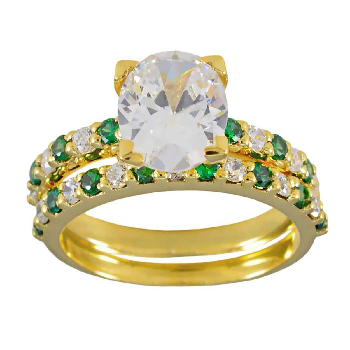 Riyo Excellent Silver Ring With Yellow Gold Plating Emerald CZ Stone Oval Shape Prong Setting Designer Jewelry Valentines Day Ring