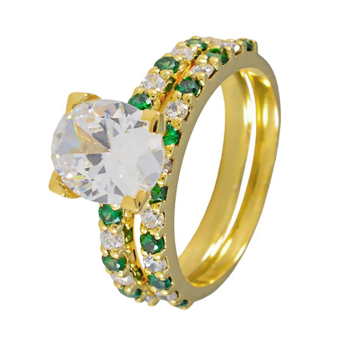 Riyo Excellent Silver Ring With Yellow Gold Plating Emerald CZ Stone Oval Shape Prong Setting Designer Jewelry Valentines Day Ring