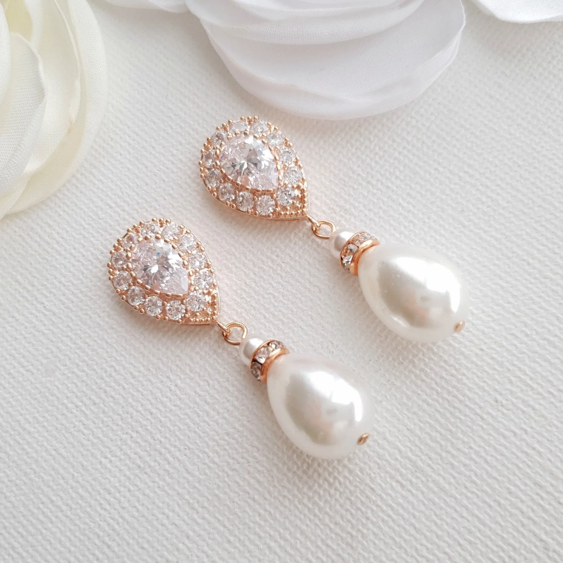 Rose Gold Pearl Drop Earrings-Penelope