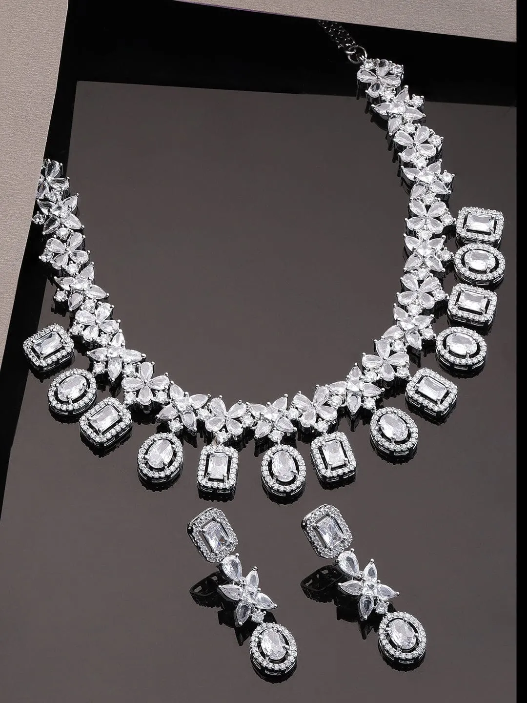 Rubans Rhodium-Plated Crystal Zirconia Studded Multilayered Lux Statement Choker Necklace Set