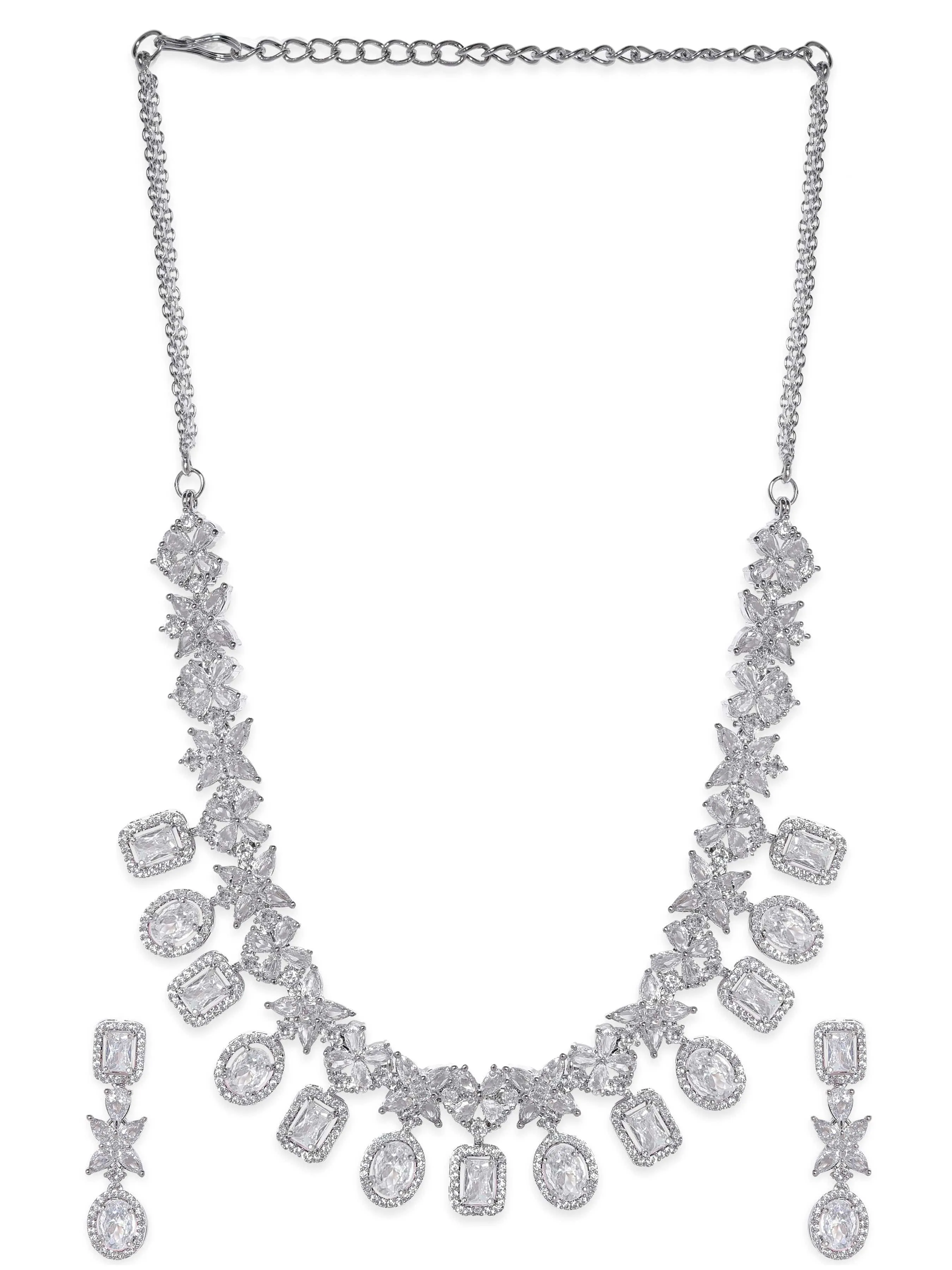 Rubans Rhodium-Plated Crystal Zirconia Studded Multilayered Lux Statement Choker Necklace Set