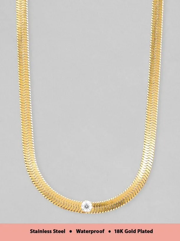 Rubans Voguish 18K Gold Plated Stainless Steel Waterproof Snake Chain With A Solitaire Zircon Studded Choker.